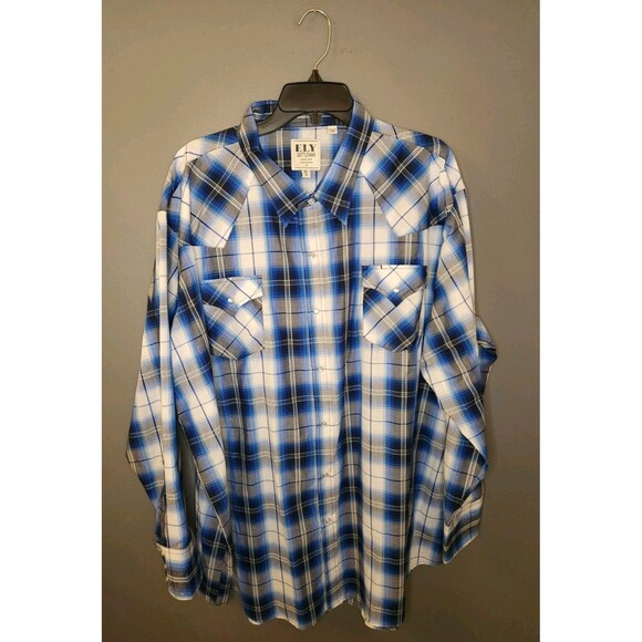 Ely Cattleman Pearl Snap Shirt Men 3XB Blue Plaid Long Sleeve Western Big & Tall - Picture 2 of 6